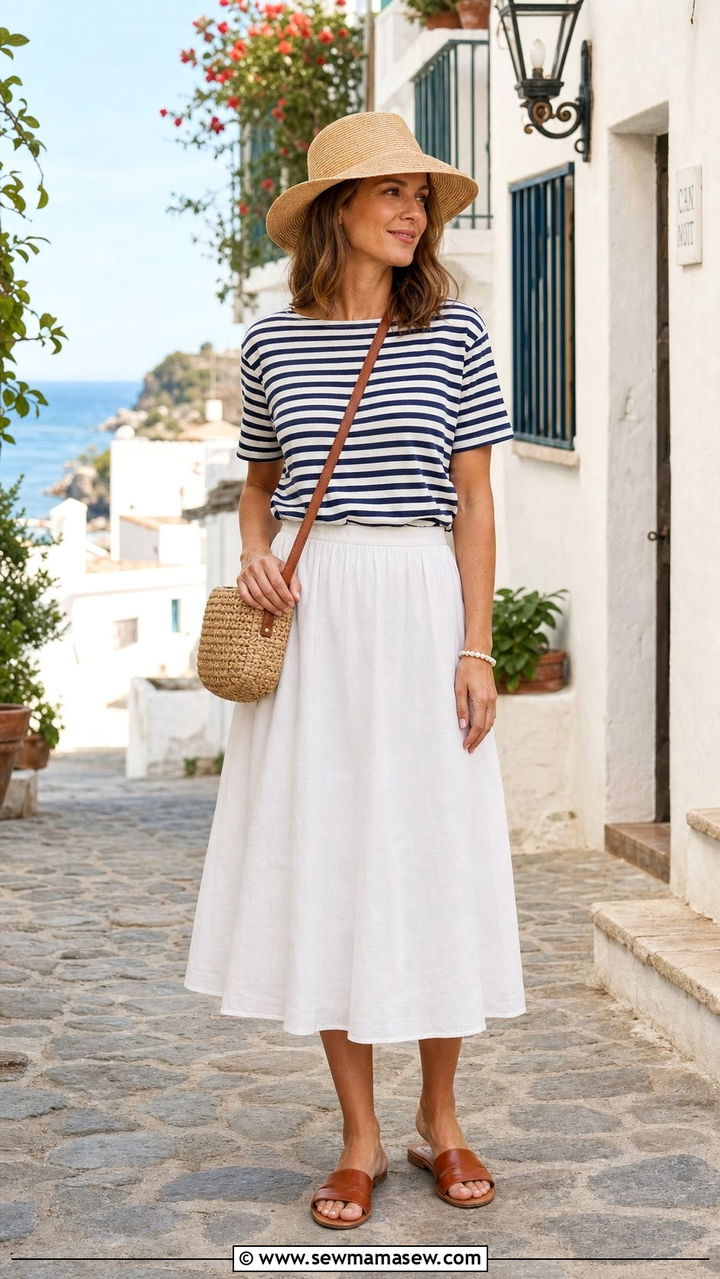 Navy Striped Top With a White Linen Skirt - 25 coastal grandmother outfits inspo