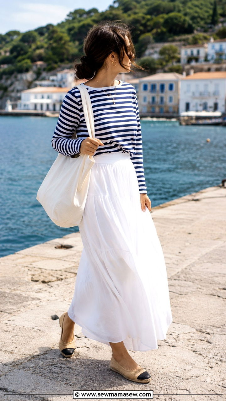 Navy Striped Top with White Maxi Skirt - 30 Modest spring outfits