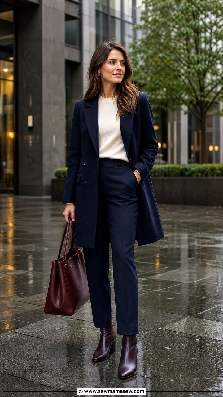 Navy Structured Coat with Fitted Top and Tailored Trousers - 30 classy rainy day outfits