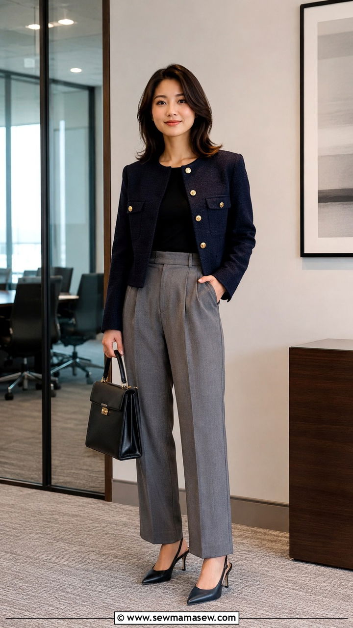 Navy Structured Jacket With Gray Pleated Trousers - 30 classy outfits for petite women
