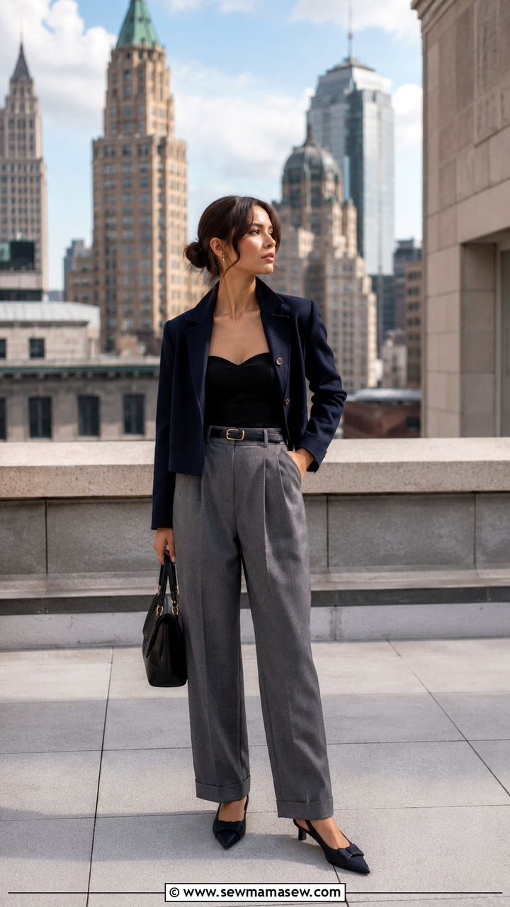 Navy Structured Jacket and Gray Pleated Trousers - 30 Old money outfits for petite women