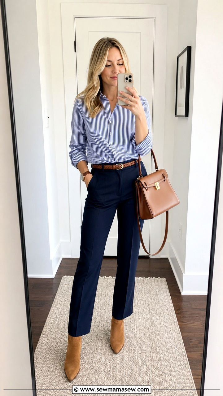Navy Suit Pants with Striped Button Down Shirt - 30 business casual outfits ideas