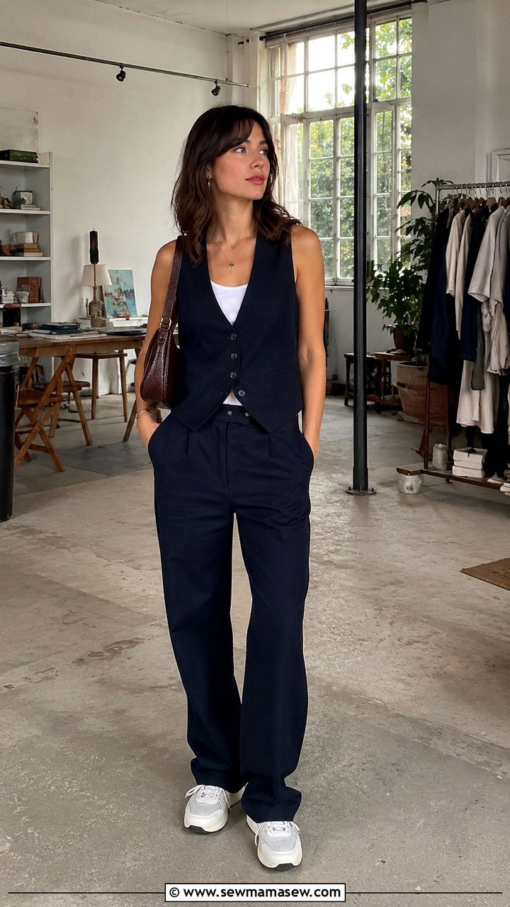 Navy Suit Vest With Matching Trousers and Sneakers - 30 Jeanne Damas outfit ideas