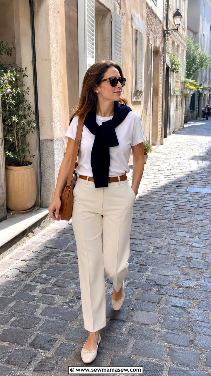 Navy Sweater Draped Over Shoulders with White Tee and Cream Trousers - 30 classy scandinavian outfit ideas
