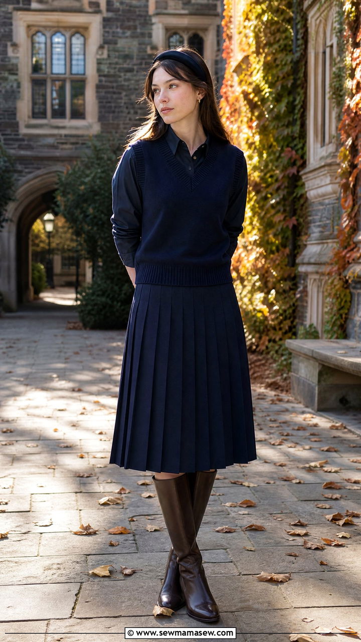 Navy Sweater Vest and Pleated Midi Skirt - 30 Monochromatic navy outfits