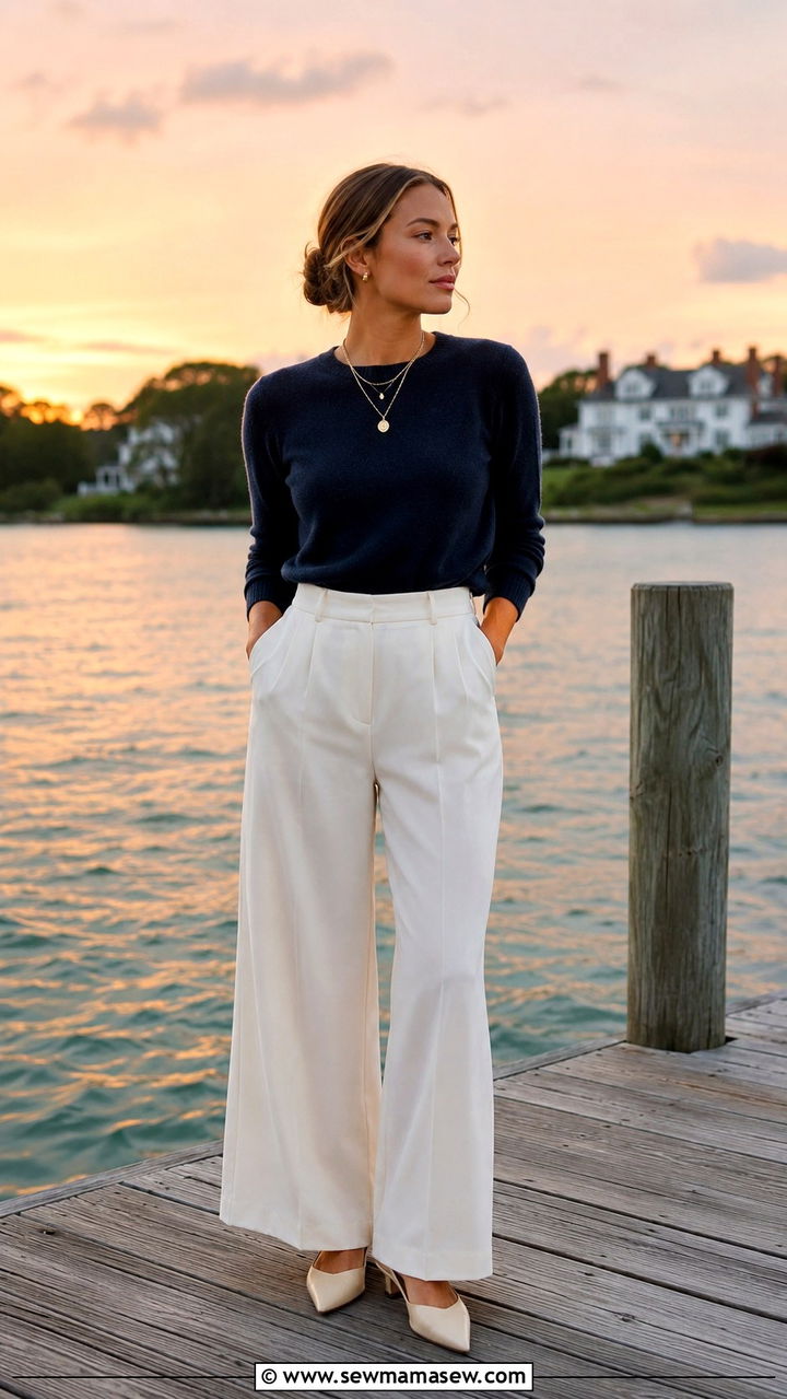 Navy Sweater White Trousers Gold Jewelry Hamptons Outfit - 30 Old money outfit ideas for the Hamptons
