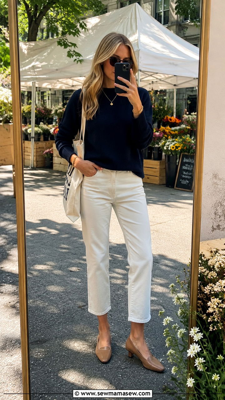 Navy Sweater With White Cropped Pants and Kitten Heel Loafers - 25 Old money outfit ideas with kitten heels