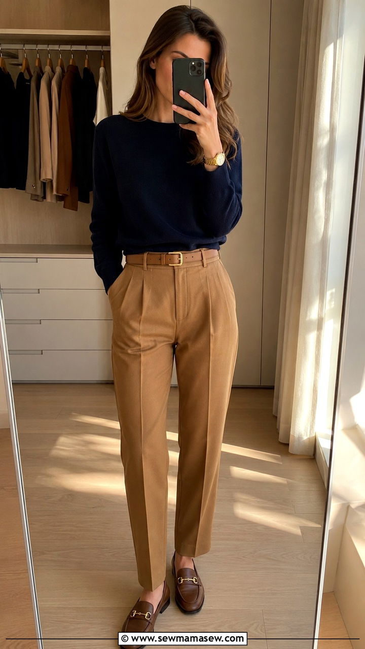 Navy Sweater and Camel Trousers With Gucci Loafers - 25 Old money outfit ideas with Gucci loafers
