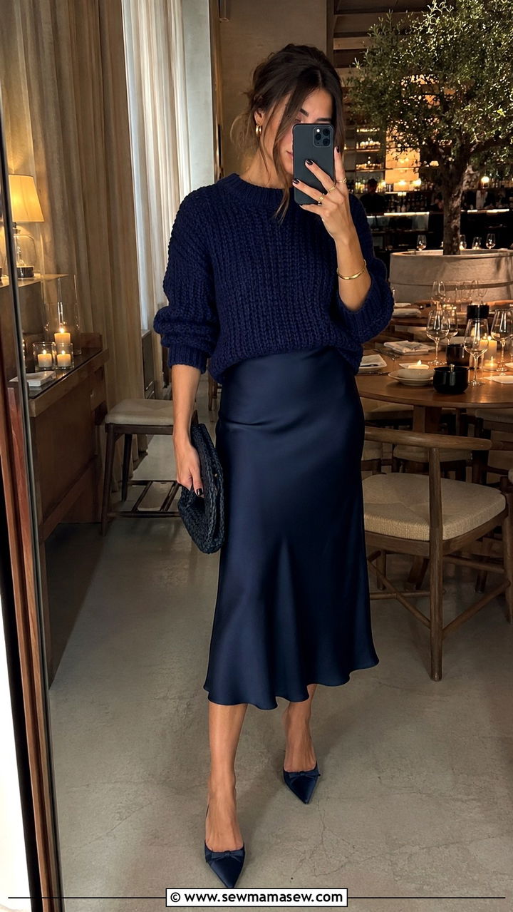 Navy Sweater and Satin Midi Skirt - 30 Monochromatic navy outfits