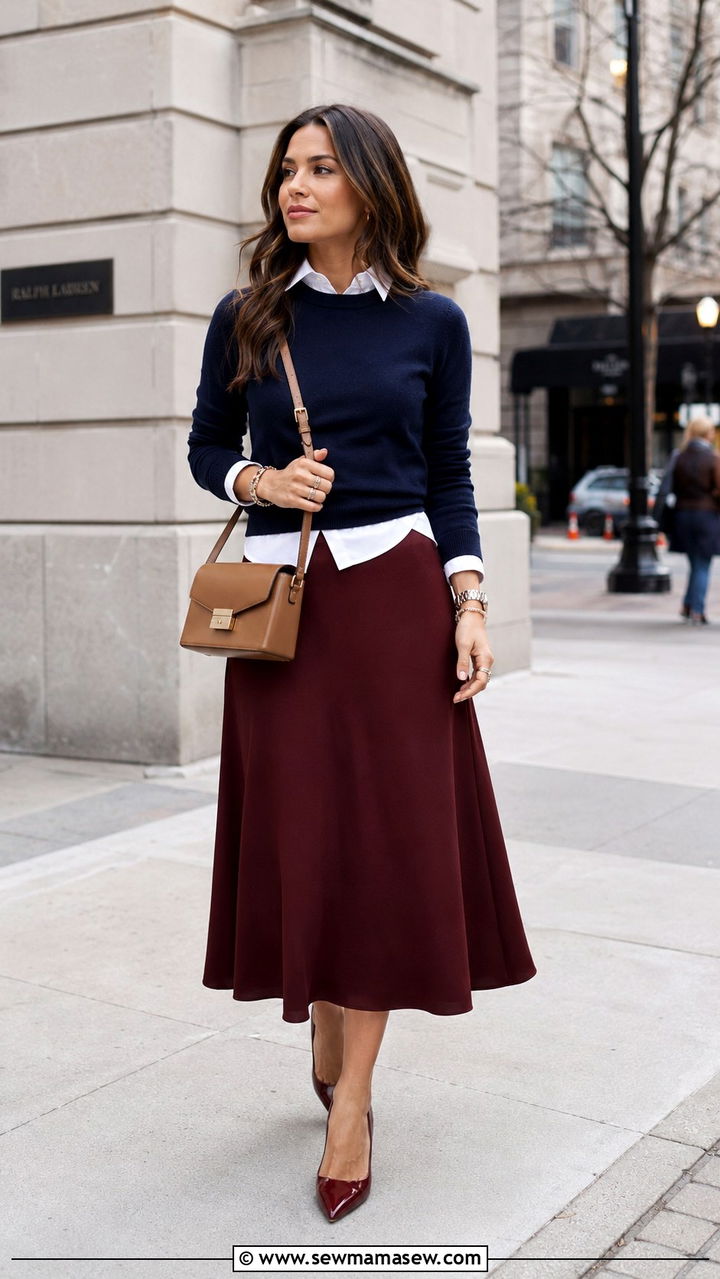 Navy Sweater with Burgundy Midi Skirt - 25 Navy and burgundy outfit ideas