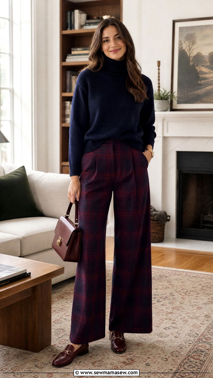 Navy Sweater with Burgundy Plaid Trousers - 25 Navy and burgundy outfit ideas