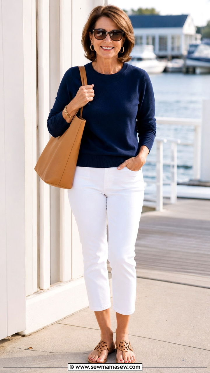 Navy Sweater with White Cropped Jeans and Tan Sandals - 25 Weekend outfit ideas for women over 50