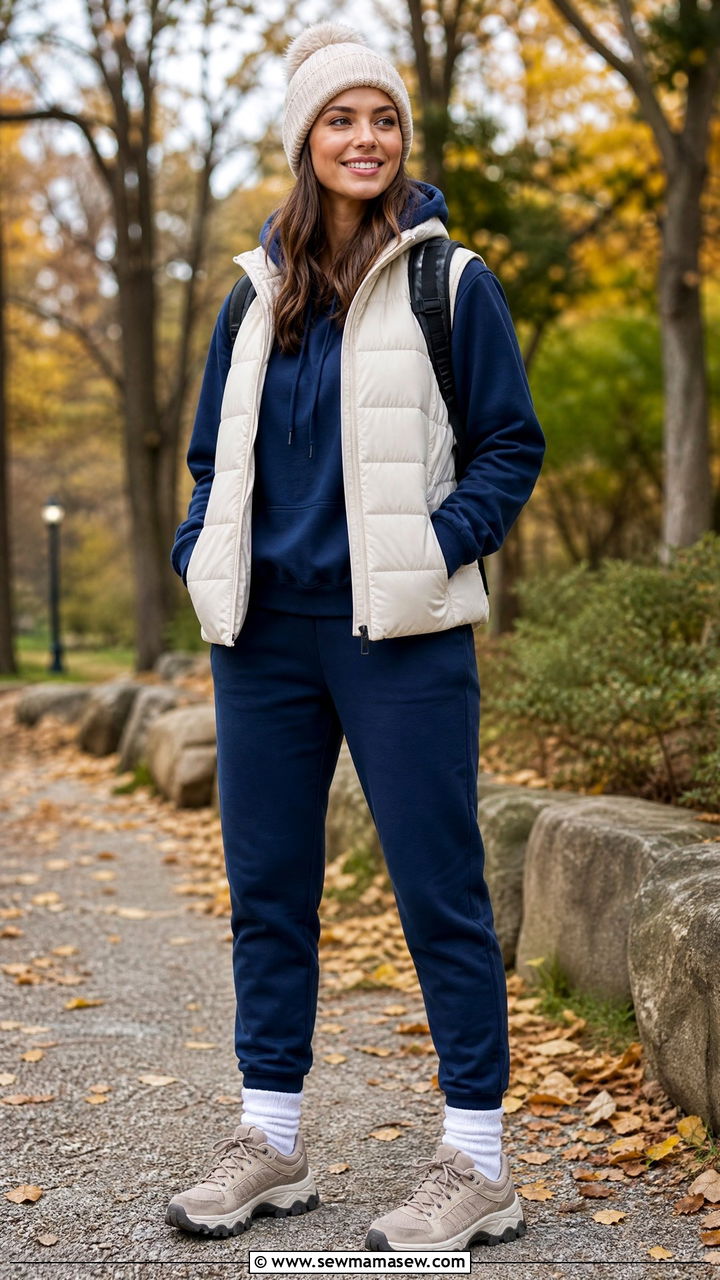 Navy Sweatsuit with Puffer Vest Layer - 25 Matching sweatsuit outfit ideas