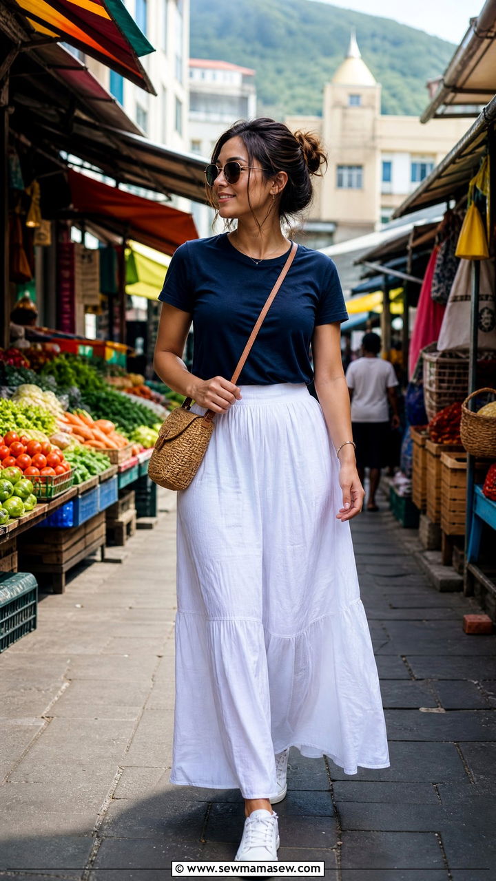 Navy T Shirt and White Maxi Skirt for Mauritius Port Louis Exploring - 35 Mauritius outfit ideas