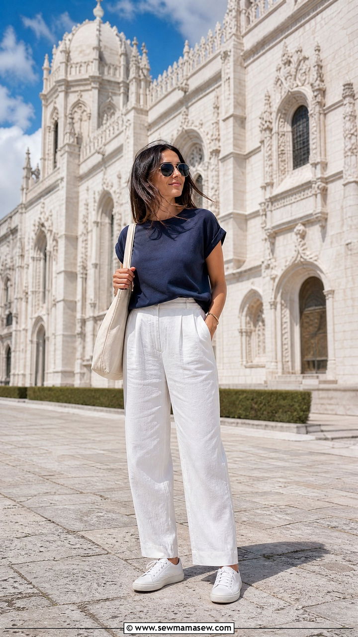 Navy T Shirt with White Linen Pants - 35 Lisbon vacation outfit ideas