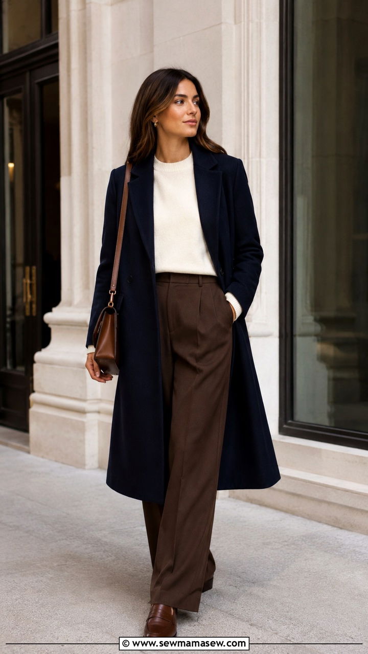 Navy Tailored Coat With Cream Sweater And Chocolate Brown Trousers - 20 Quiet luxury The Row dupes outfit ideas