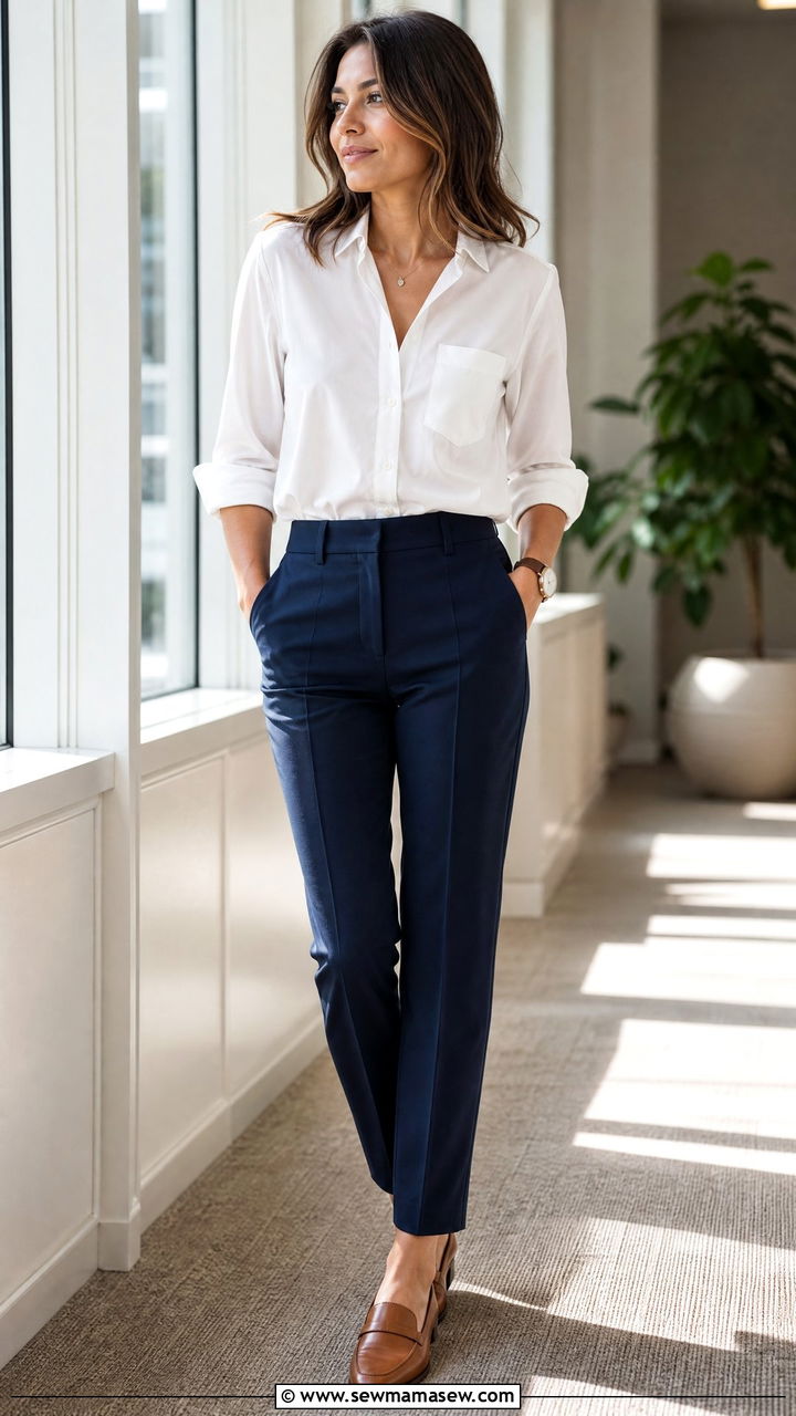 Navy Tailored Trousers Button Down Outfit - 30 Summer outfits with trousers