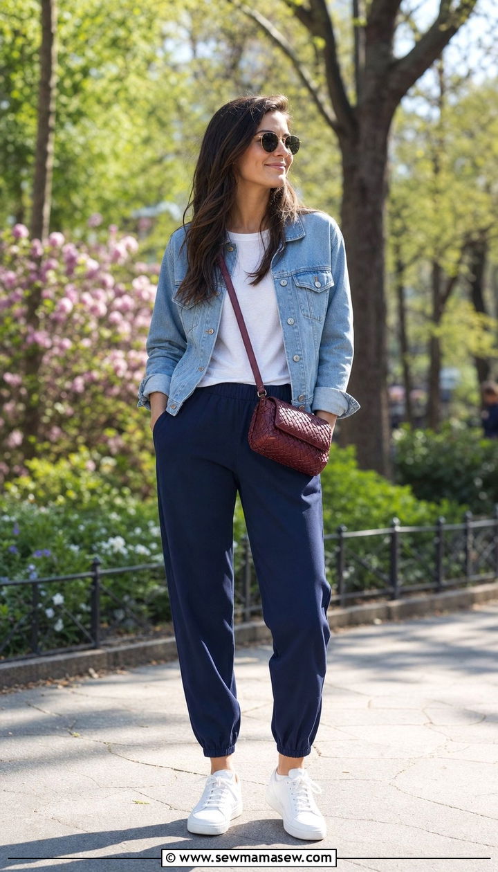 Navy Track Pants With Denim Jacket And Sneakers - 25 spring track pants outfit ideas