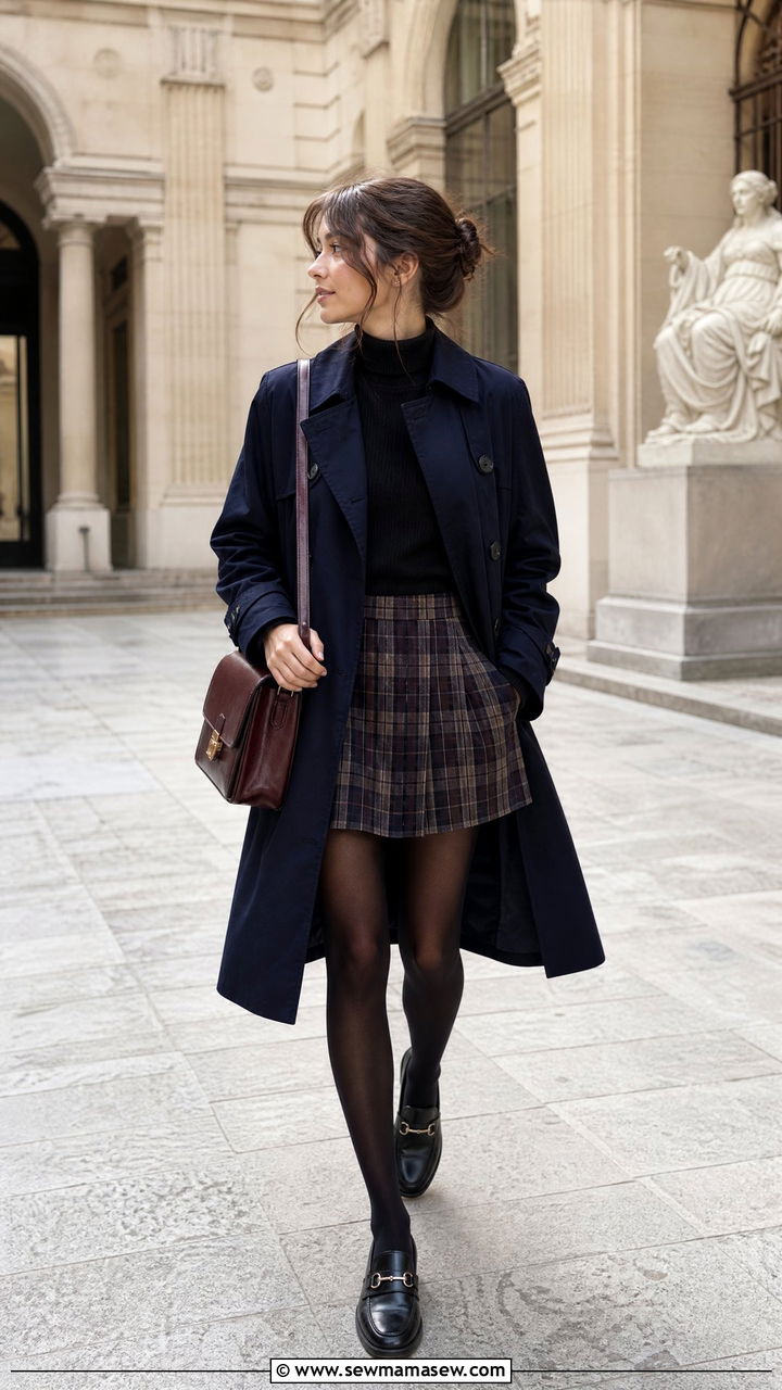 Navy Trench Coat And Plaid Mini Skirt Outfit - 25 light academia outfits 2026