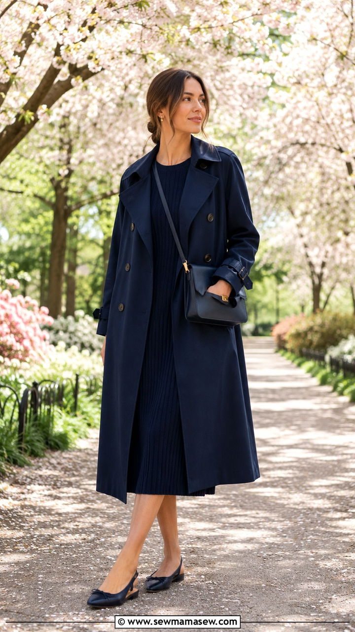 Navy Trench Coat Over a Navy Midi Dress - 30 Monochromatic navy outfits