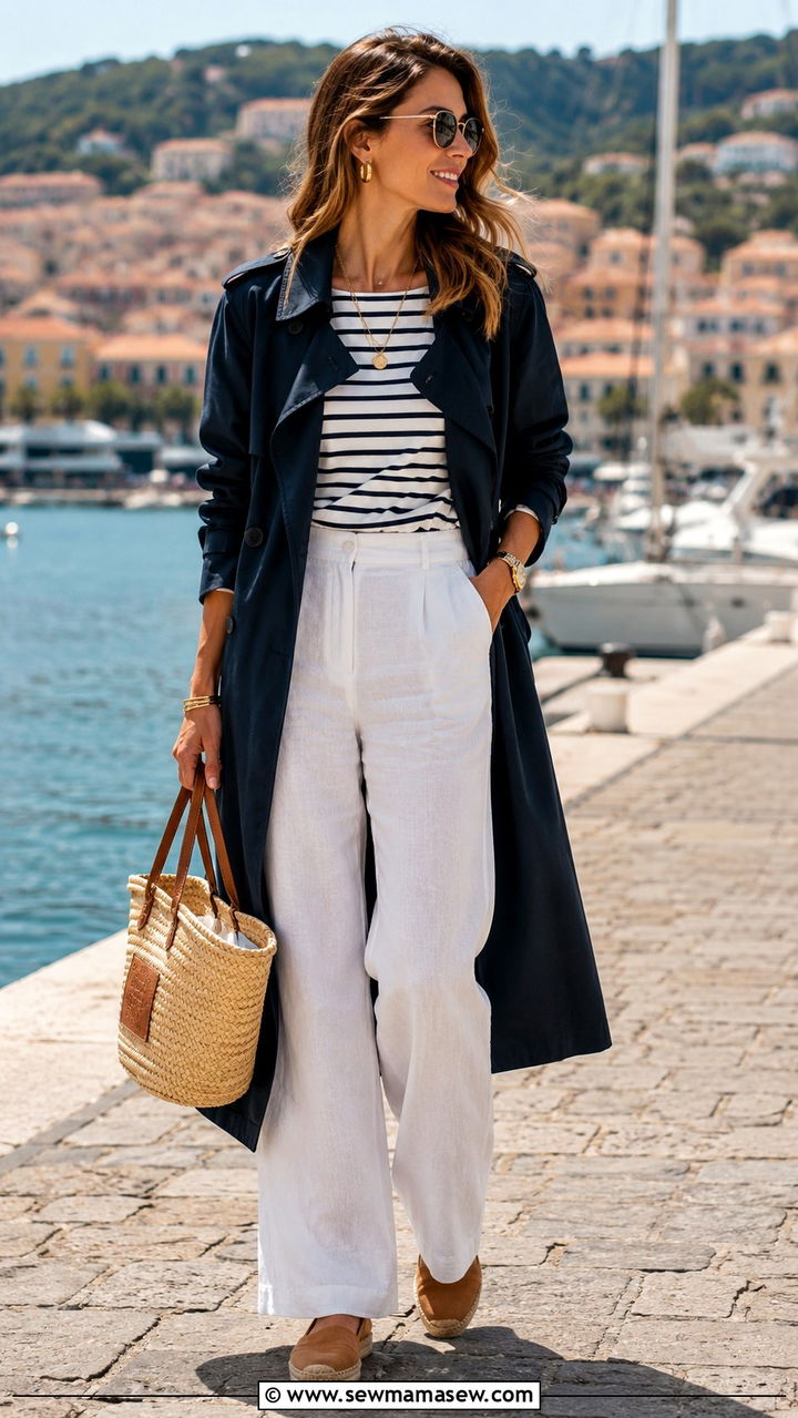 Navy Trench Coat White Linen Pants Outfit - 25 Wide leg linen pants outfit ideas with a trench coat