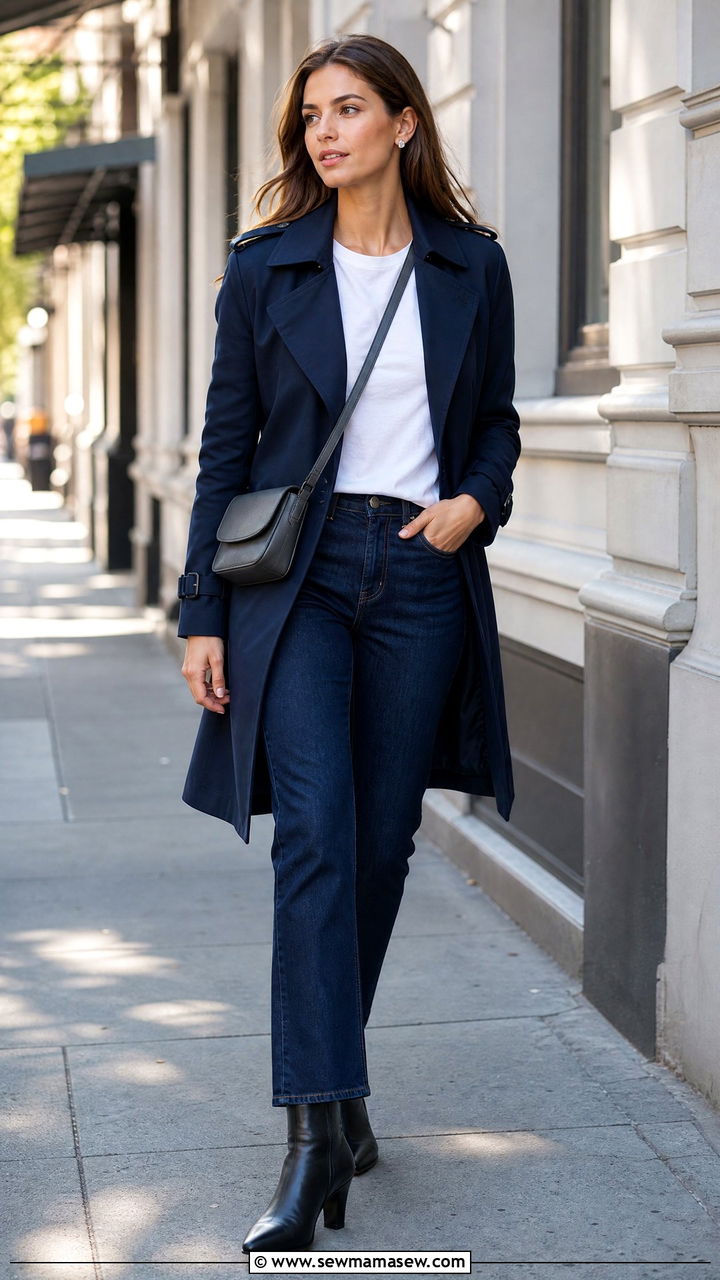 Navy Trench Coat White Tee And Dark Indigo Jeans - 30 Cool tone outfit ideas