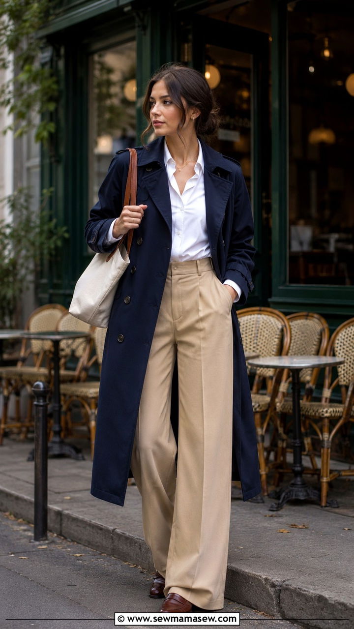 Navy Trench Coat With Beige Wide Leg Trousers Outfit - 25 Wide leg trousers outfit ideas with a trench coat