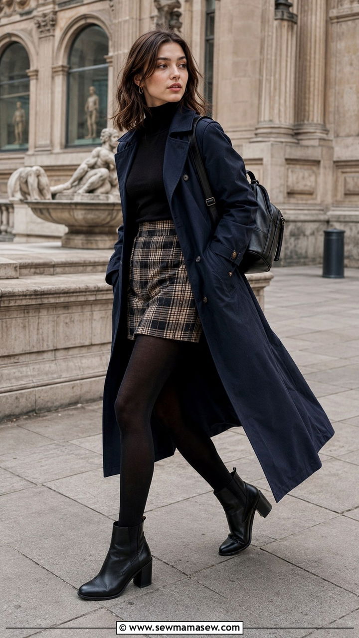Navy Trench Coat With Black Turtleneck And Plaid Mini Skirt - 30 light academia outfits inspo