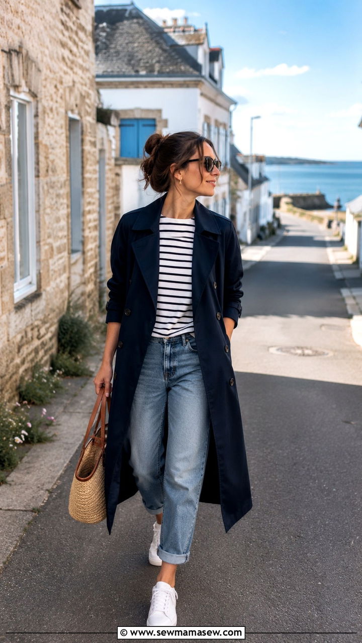 Navy Trench Coat With Boyfriend Jeans and Striped Top - 30 Long trench coat outfit ideas with jeans
