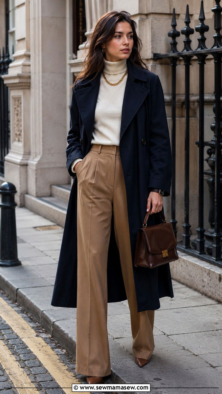 Navy Trench Coat With Cream Turtleneck And Tailored Trousers - 25 Old money outfit ideas with trench coat