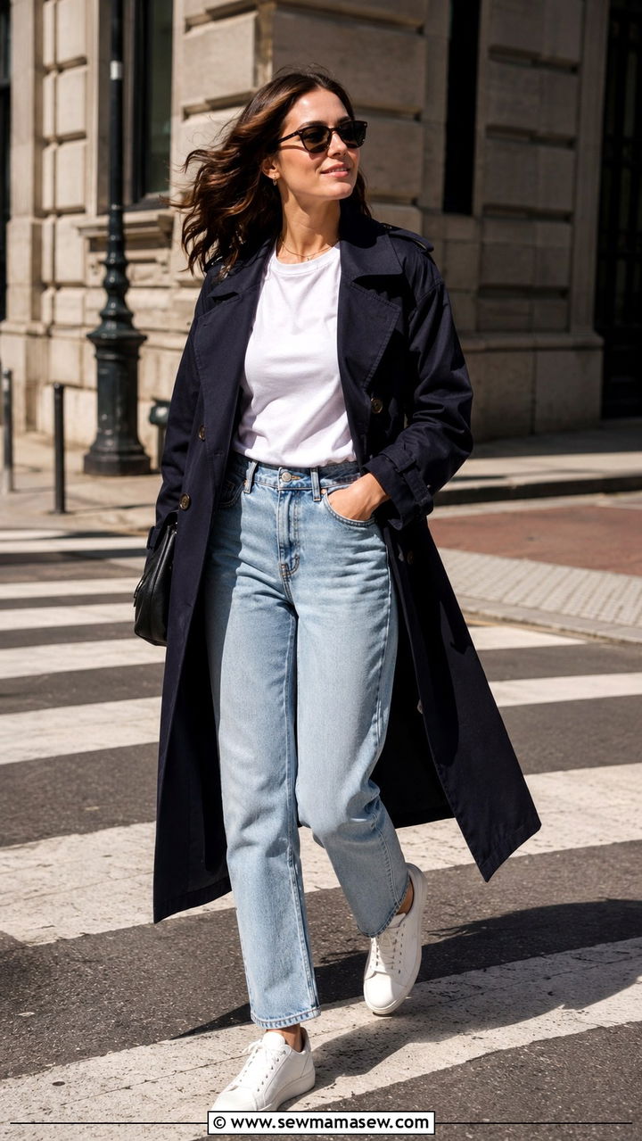 Navy Trench Coat With Light Wash Jeans And White Sneakers - 30 Quiet luxury outfit ideas with jeans