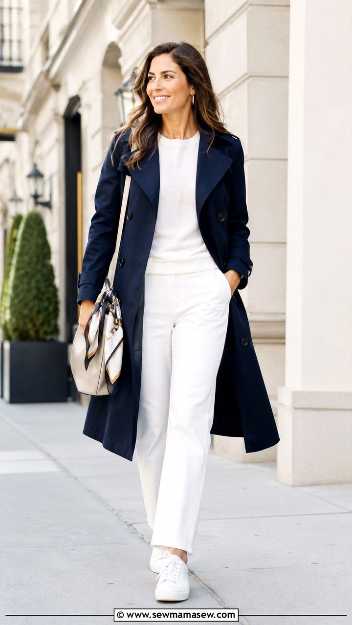 Navy Trench Coat With White Outfit - 30 Navy and white outfit ideas