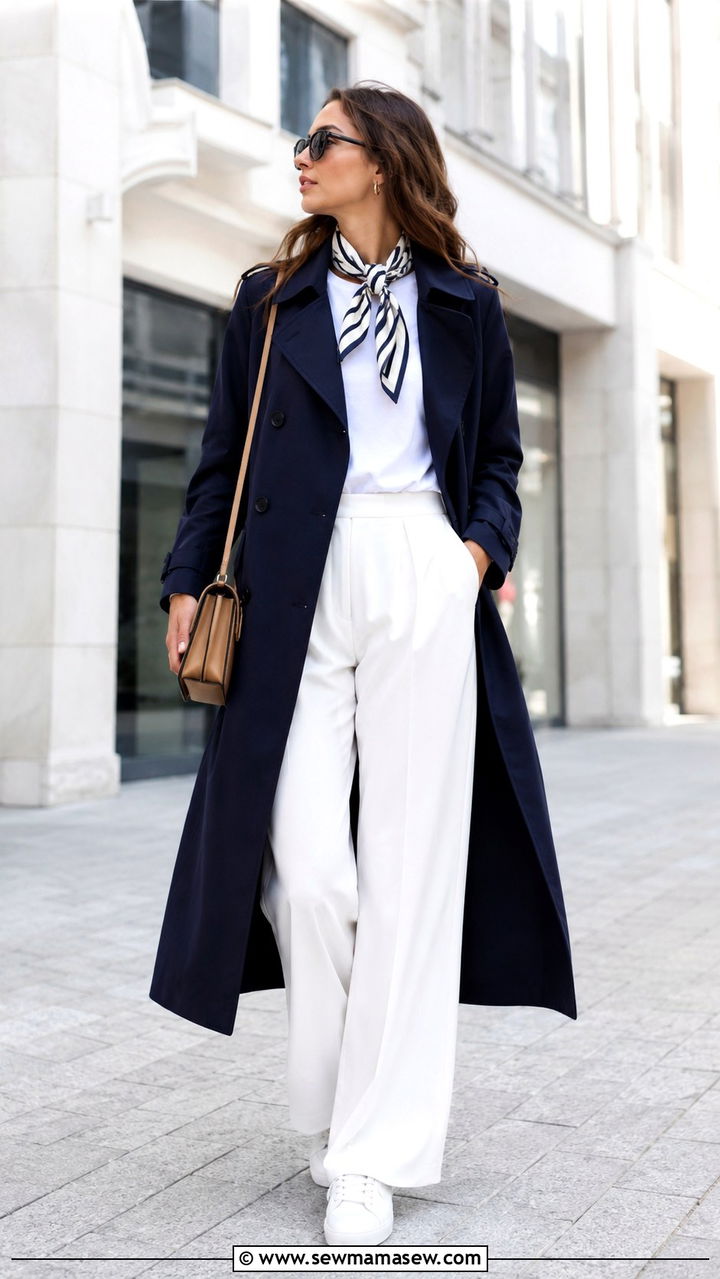 Navy Trench Coat With White Wide Leg Trousers - 30 Long trench coat outfit ideas with wide leg pants