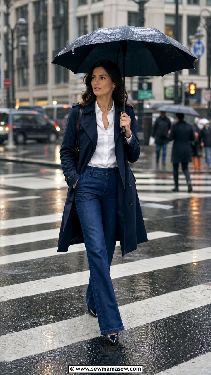 Navy Trench Coat over White Shirt and Tailored Jeans - 40 old money outfits ideas