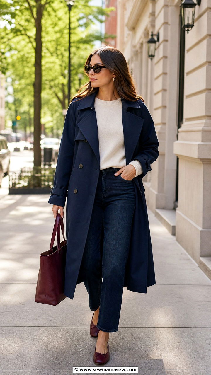 Navy Trench Coat with Burgundy Bag and Flats - 25 Navy and burgundy outfit ideas