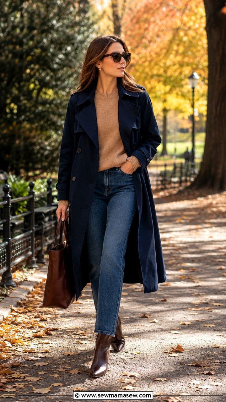 Navy Trench Coat with Camel Sweater and Jeans Outfit - 30 navy outfit ideas for women