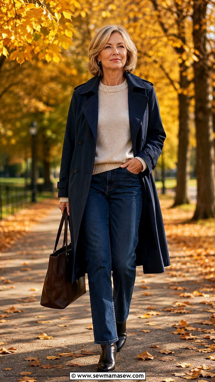 Navy Trench Coat with Cashmere Sweater and Straight Leg Jeans - 30 Capsule wardrobe women over 50