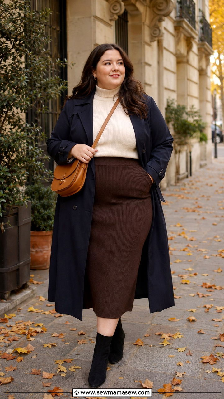 Navy Trench Coat with Chocolate Knit Midi Skirt - 25 Plus size outfit ideas Parisian