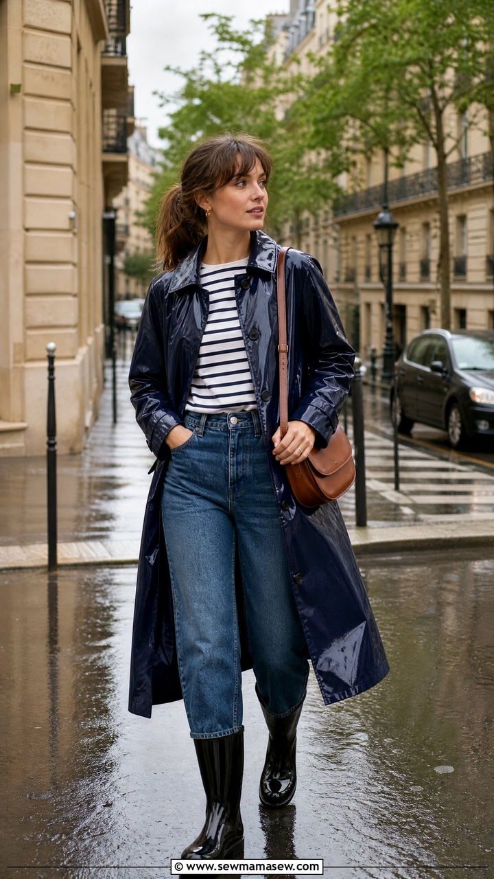 Navy Trench Coat with Striped Tee and Straight Jeans - 25 rainy day outfits aesthetic