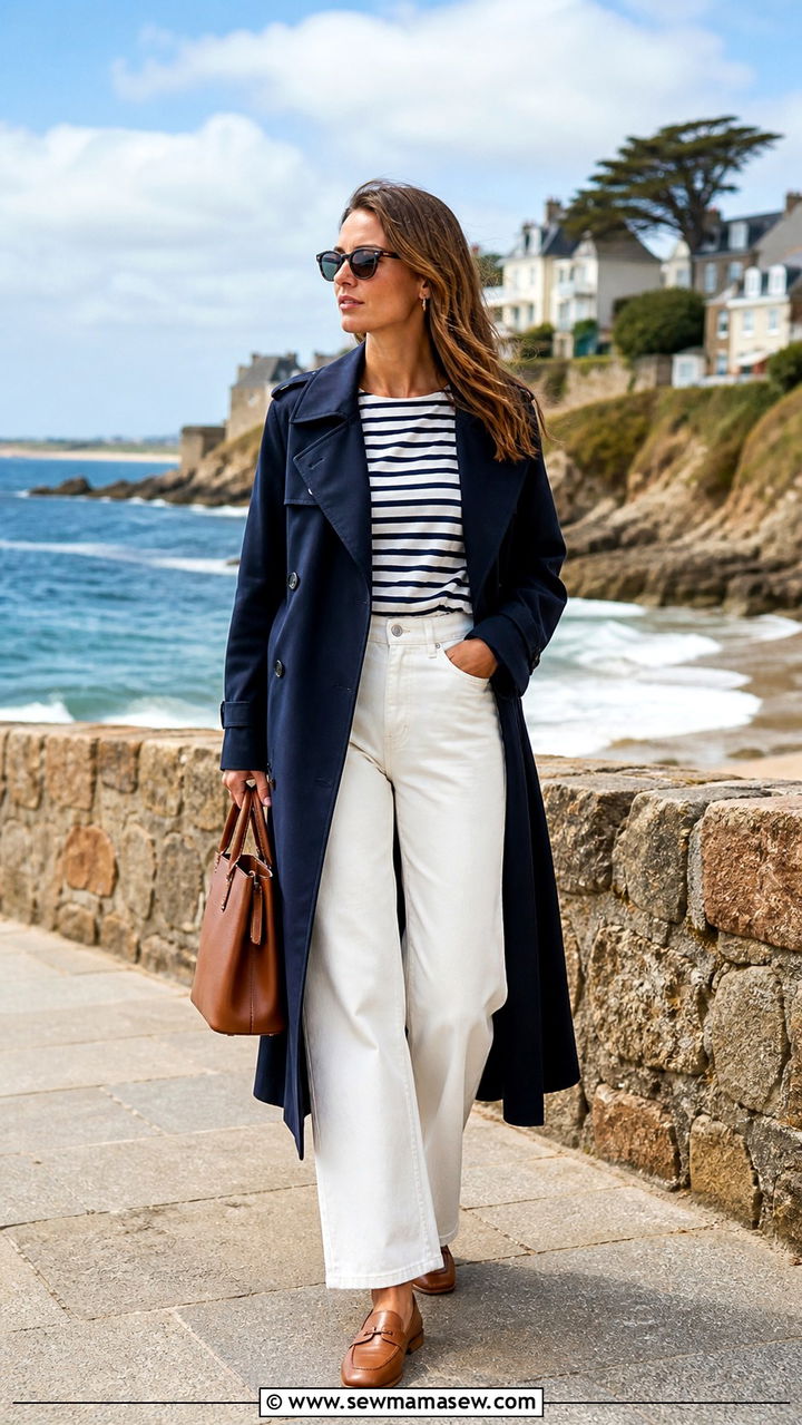Navy Trench Coat with White Jeans and Striped Top - 40 casual trench coat outfits