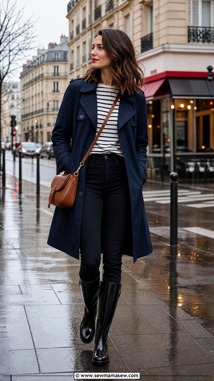 Navy Trench with Striped Top and Patent Rain Boots - 25 rainy day outfits inspo