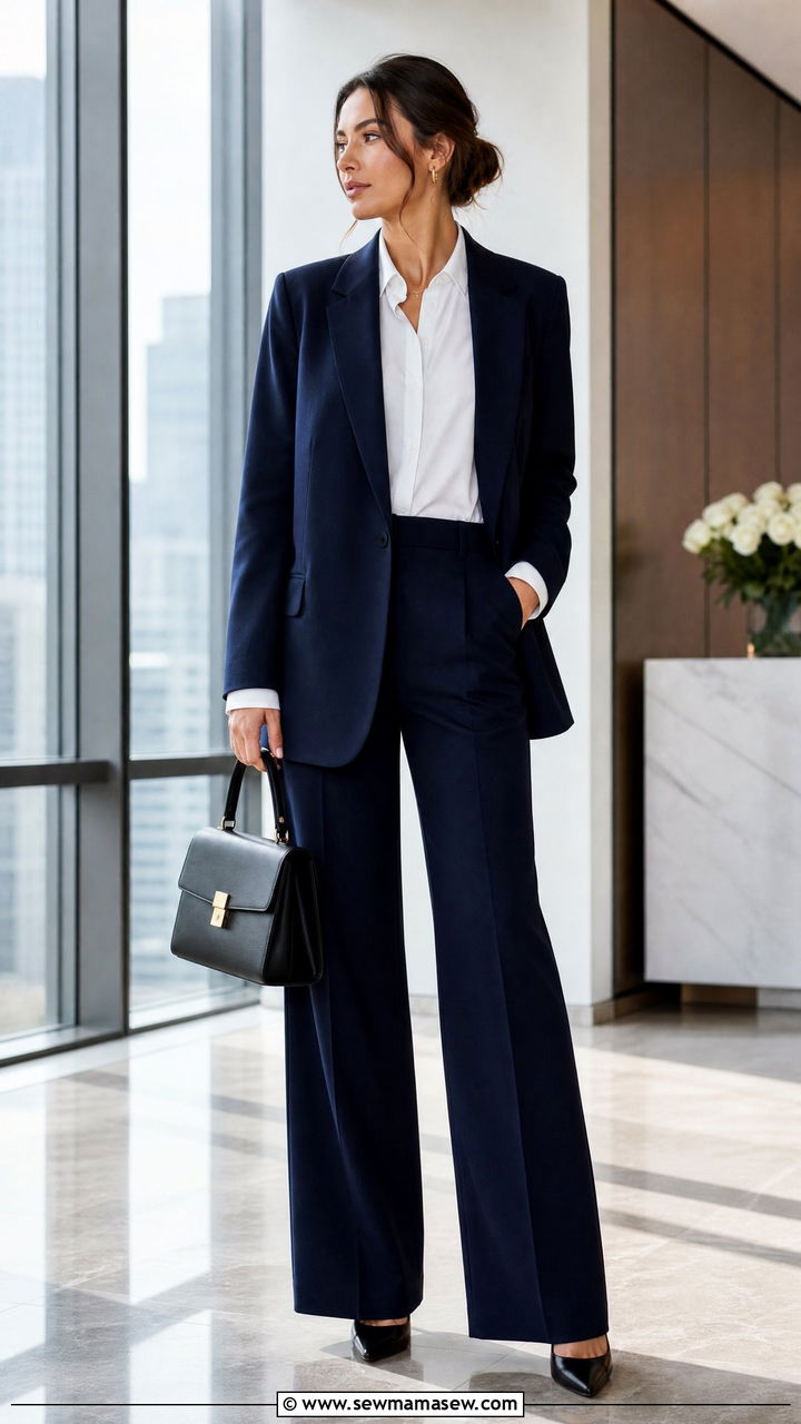 Navy Trouser Suit With Crisp White Button Down Shirt - 25 Quiet luxury outfit ideas The Row style