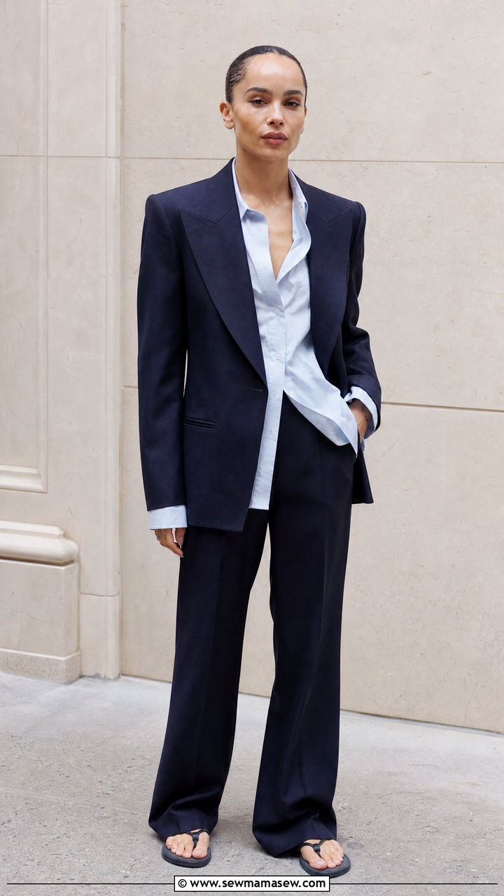 Navy Trouser Suit With Flip Flops - 20 Zoe Kravitz spring outfit ideas