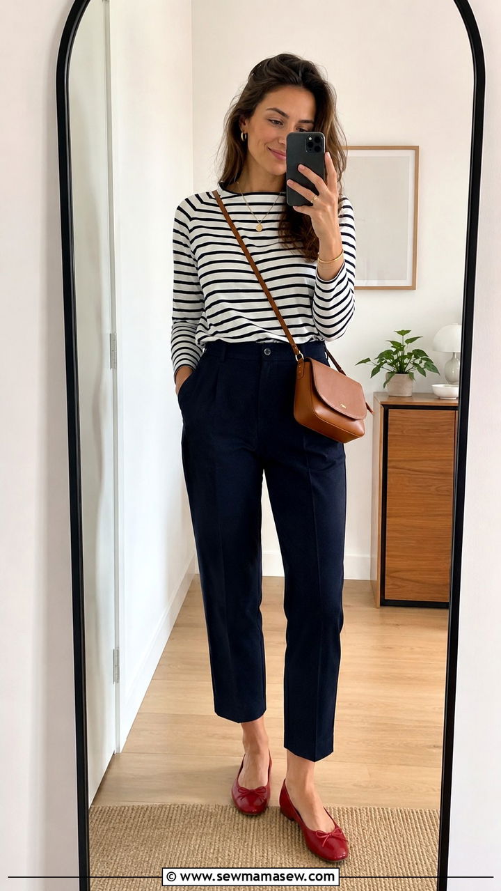 Navy Trousers With Striped Tee and Ballet Flats - 30 trousers outfit ideas for women