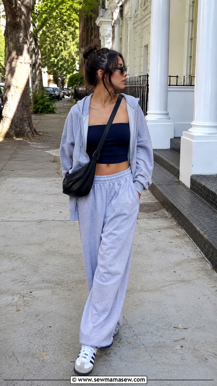 Navy Tube Top With Grey Lounge Pants And Oversized Hoodie - 25 Petite clean girl outfit ideas