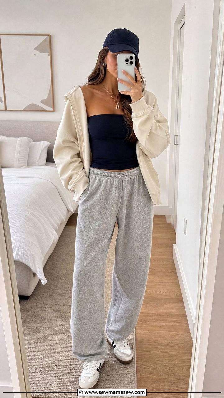 Navy Tube Top with Grey Lounge Pants and Oversized Hoodie - 30 Clean girl loungewear outfit ideas