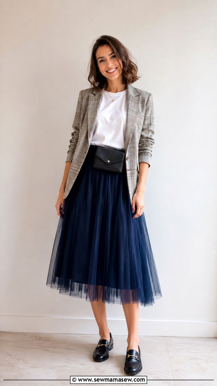 Navy Tulle Midi Skirt With Plaid Blazer And Loafers - 30 Tulle skirt outfit ideas for summer