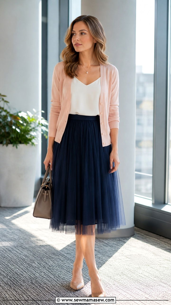 Navy Tulle Midi Skirt With Sleeveless Shell Top And Cropped Cardigan - 25 Tulle skirt outfit ideas for work