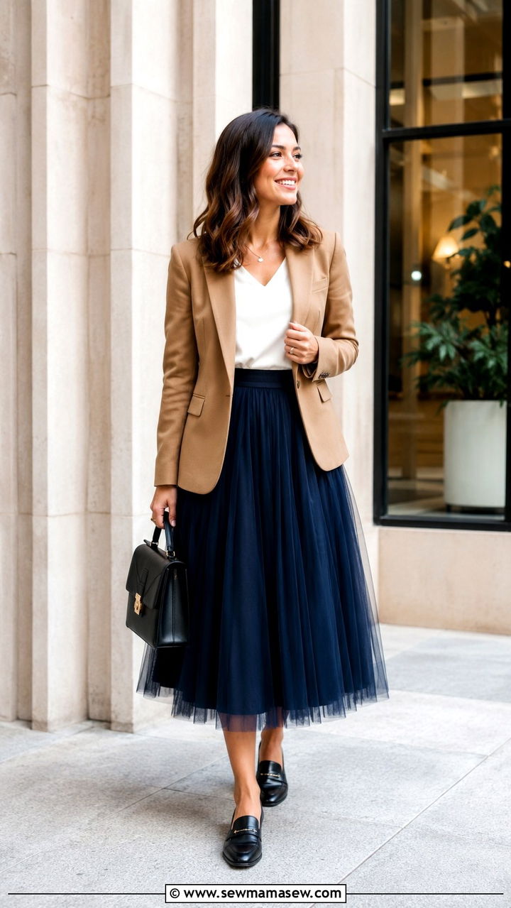 Navy Tulle Midi Skirt With Structured Blazer And Loafers - 25 Tulle skirt outfit ideas for work