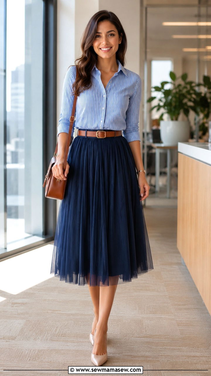 Navy Tulle Skirt With Striped Button Down And Neutral Pumps - 25 Tulle skirt outfit ideas for work